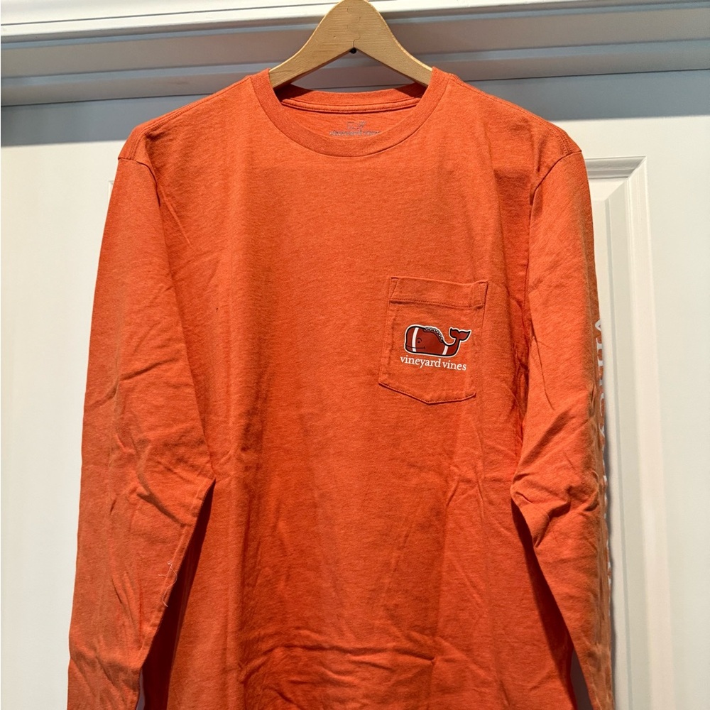 NWT-Men’s Medium Vineyard Vines Long Sleeve Football themed t-shirt—orange